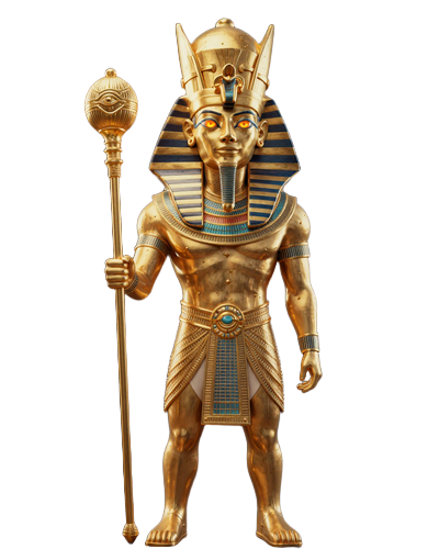 Realz Casino Pharaoh Maskottchen mit goldener Krone und Szepter - Symbol f&uuml;r Sicherheit und Reichtum