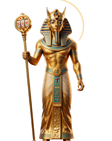 Realz Casino Pharaoh Maskottchen h&auml;lt goldene Spielautomaten-Walze - Herrscher &uuml;ber 13.000 Echtgeld Casino Spiele