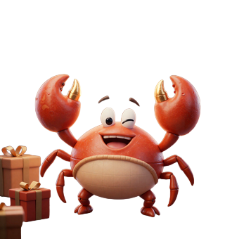 Bonus Crab Maskottchen zwinkert und zeigt auf t&auml;gliche Belohnungsboxen mit Cash Freispielen und Shop-Coins bei Realz Casino