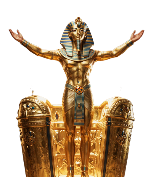 Realz Casino Pharaoh Maskottchen steigt aus Sarkophag - Symbol f&uuml;r Sicherheit und grosse Gewinne