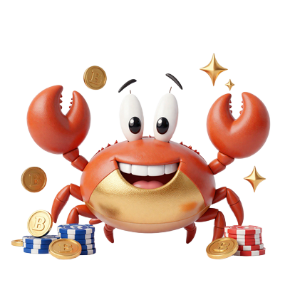 Bonus Crab Maskottchen von Realz Casino h&auml;lt Goldm&uuml;nzen und Spielchips - t&auml;glich Bonusbelohnungen beim Spielen